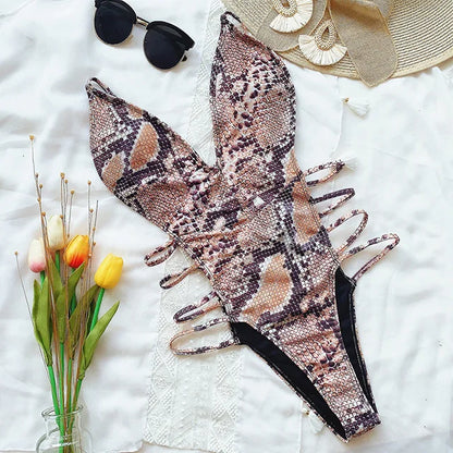 Snake Print V Neck Strappy Swimsuit