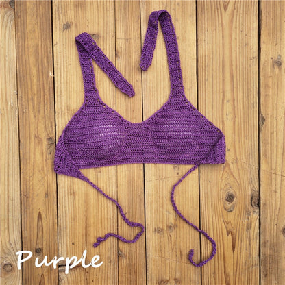 Cabana Push Up Knitted Crochet Halter Bikini Top [Spirit and Rebel] Purple S