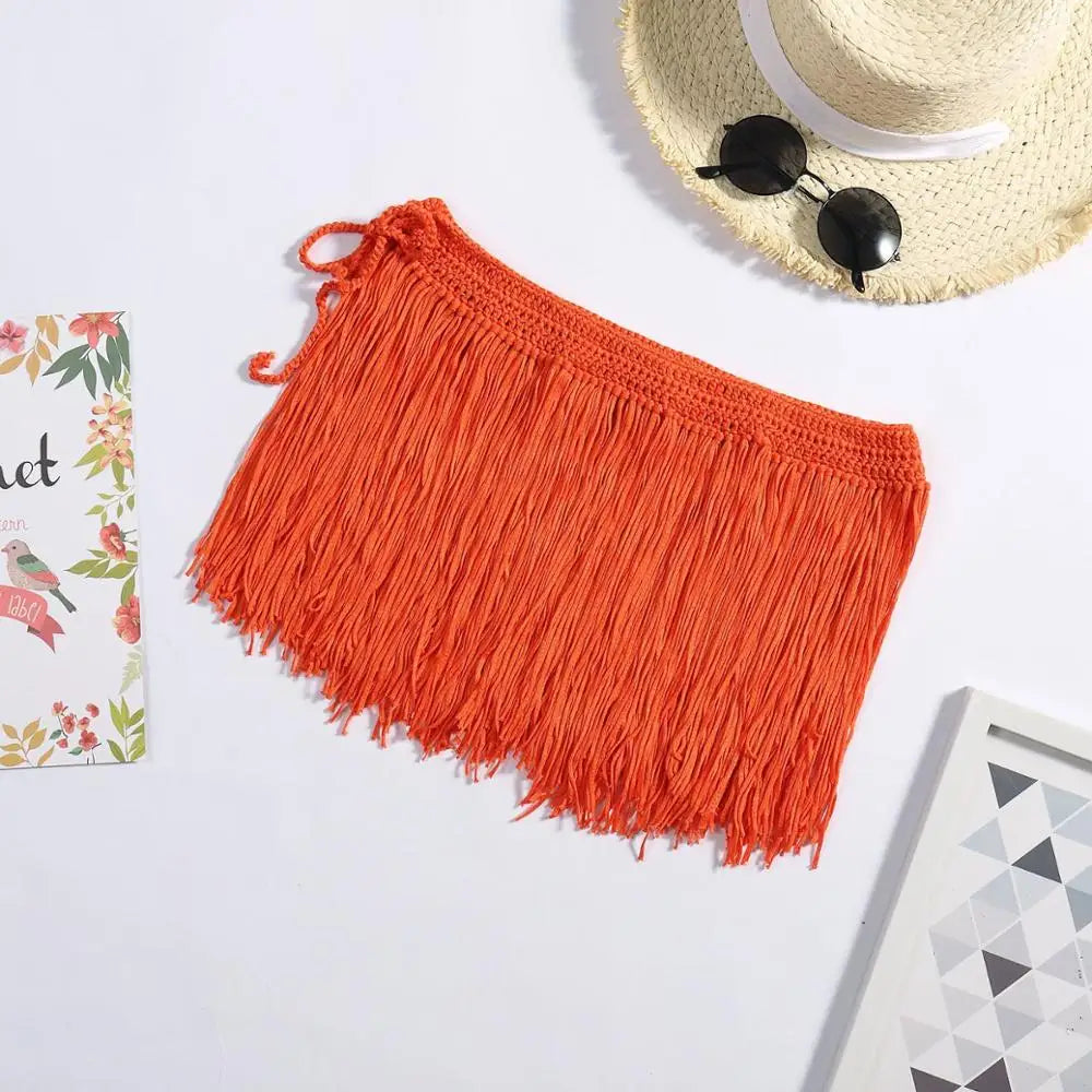 Sunset Luxe Tassel Mini Beach Cover Up Skirt Sunset and Swim Orange One Size