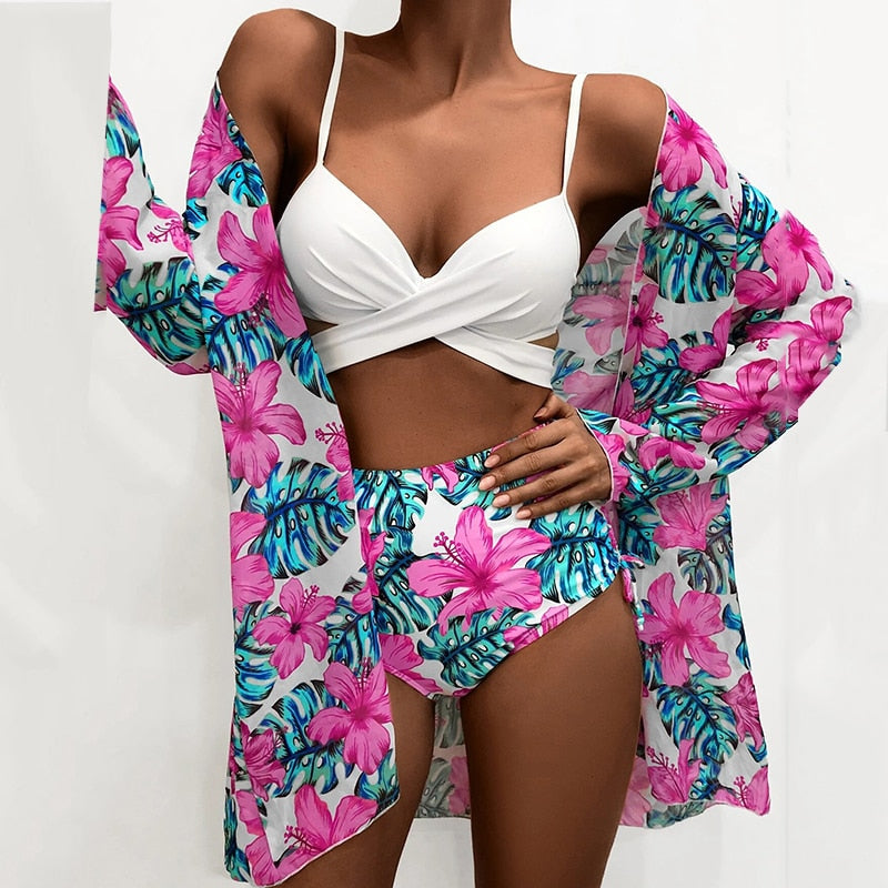 Modest 3 PCS White Floral Swimsuit Push up High Waist Swimwear Cover Up Set [Spirit and Rebel] B4773PI S