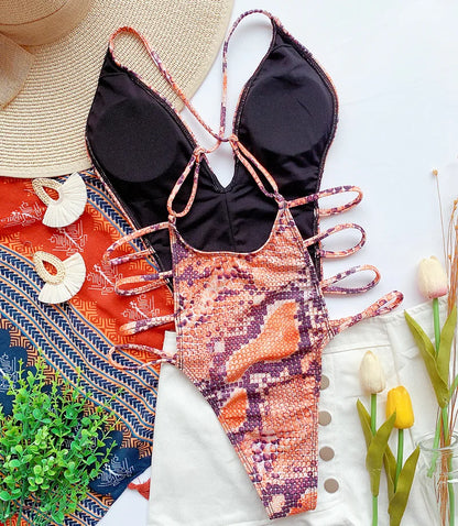 Snake Print V Neck Strappy Swimsuit