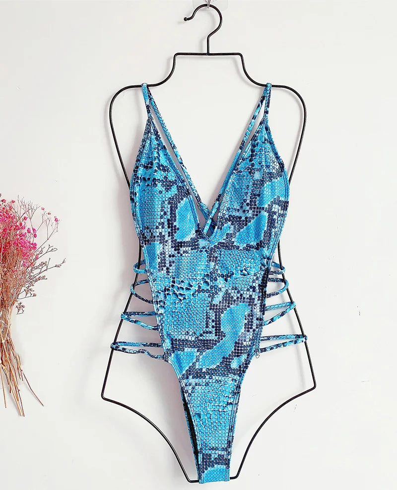 Snake Print V Neck Strappy Swimsuit