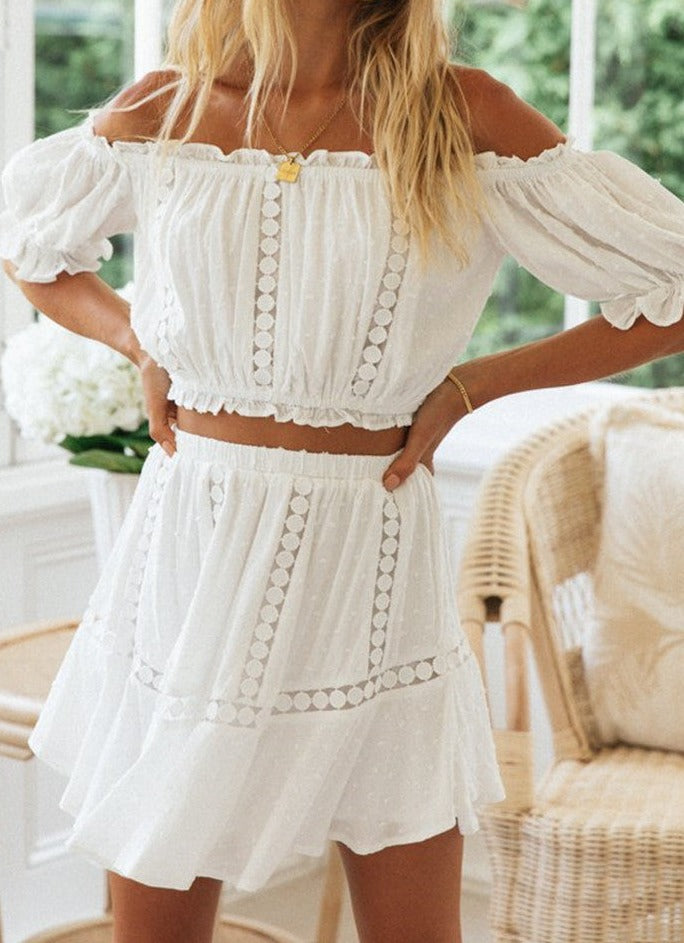 Bohemian Beauty Off Shoulder White Top Mini Boho Skirt Set [Spirit and Rebel]   