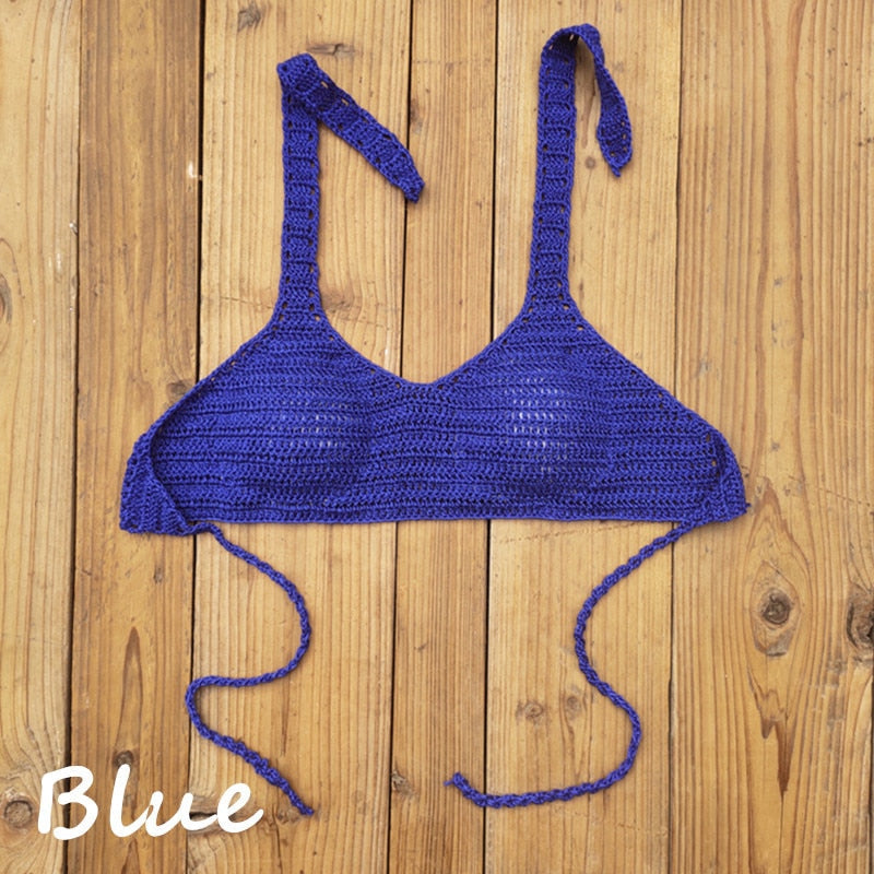 Cabana Push Up Knitted Crochet Halter Bikini Top [Spirit and Rebel] Blue S