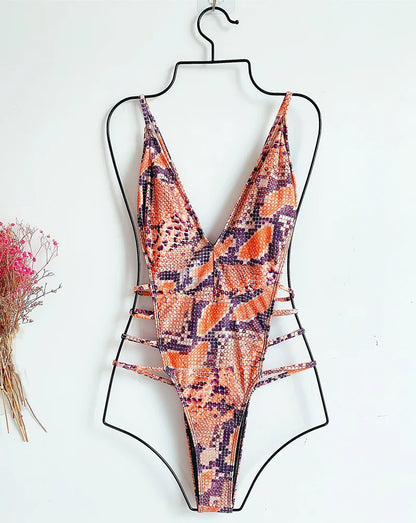 Snake Print V Neck Strappy Swimsuit