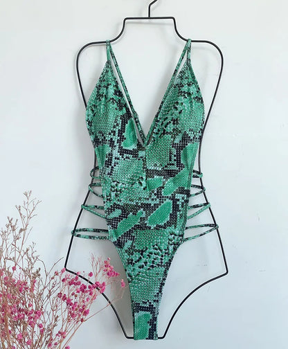 Snake Print V Neck Strappy Swimsuit