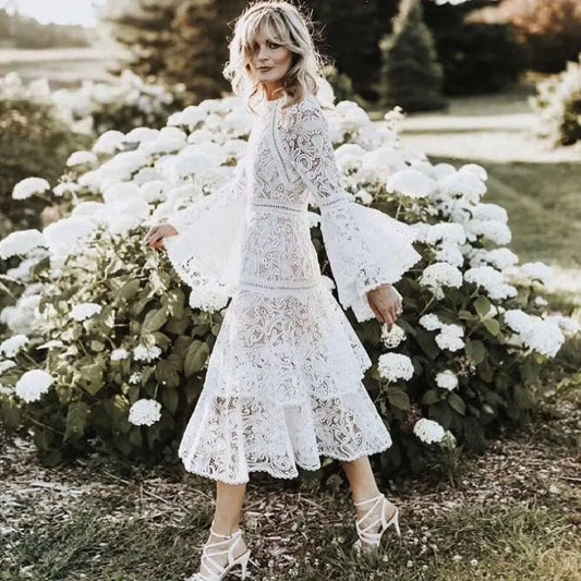 Flowing Lace Boho Gown Dress [Spirit and Rebel] White S 