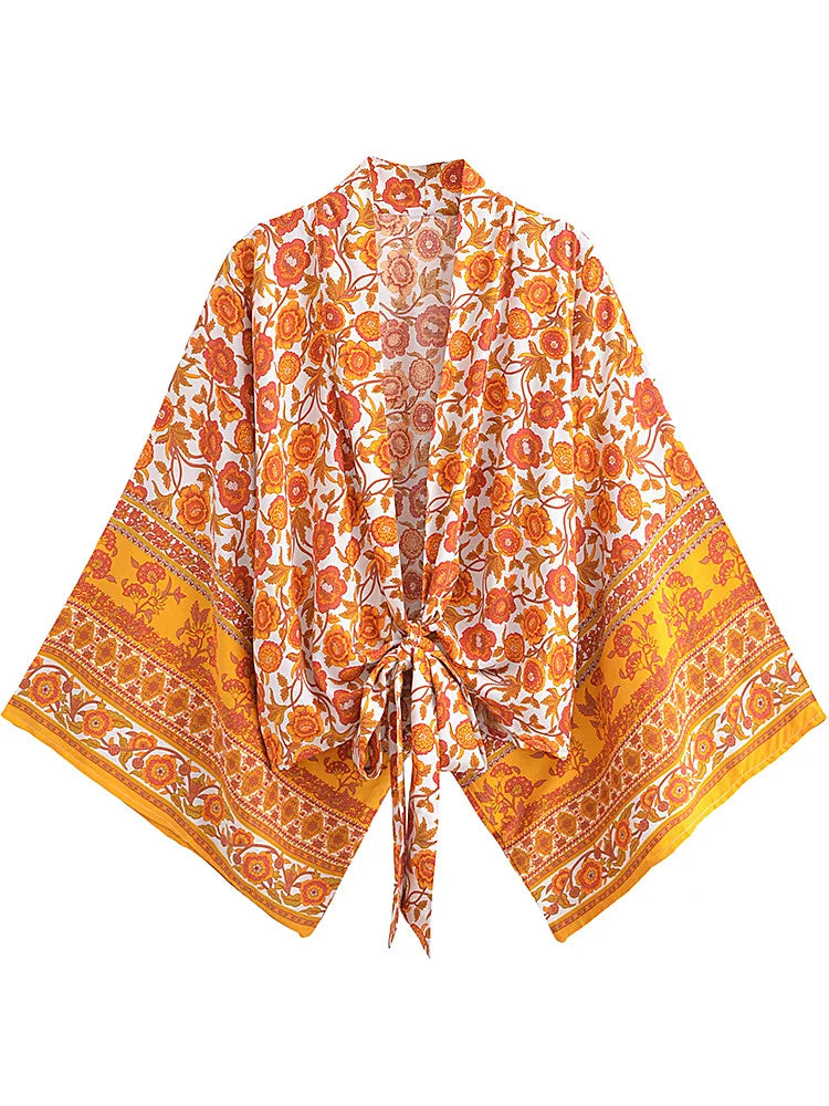 Amber Glow Floral Kimono Wrap [Spirit and Rebel] Orange S