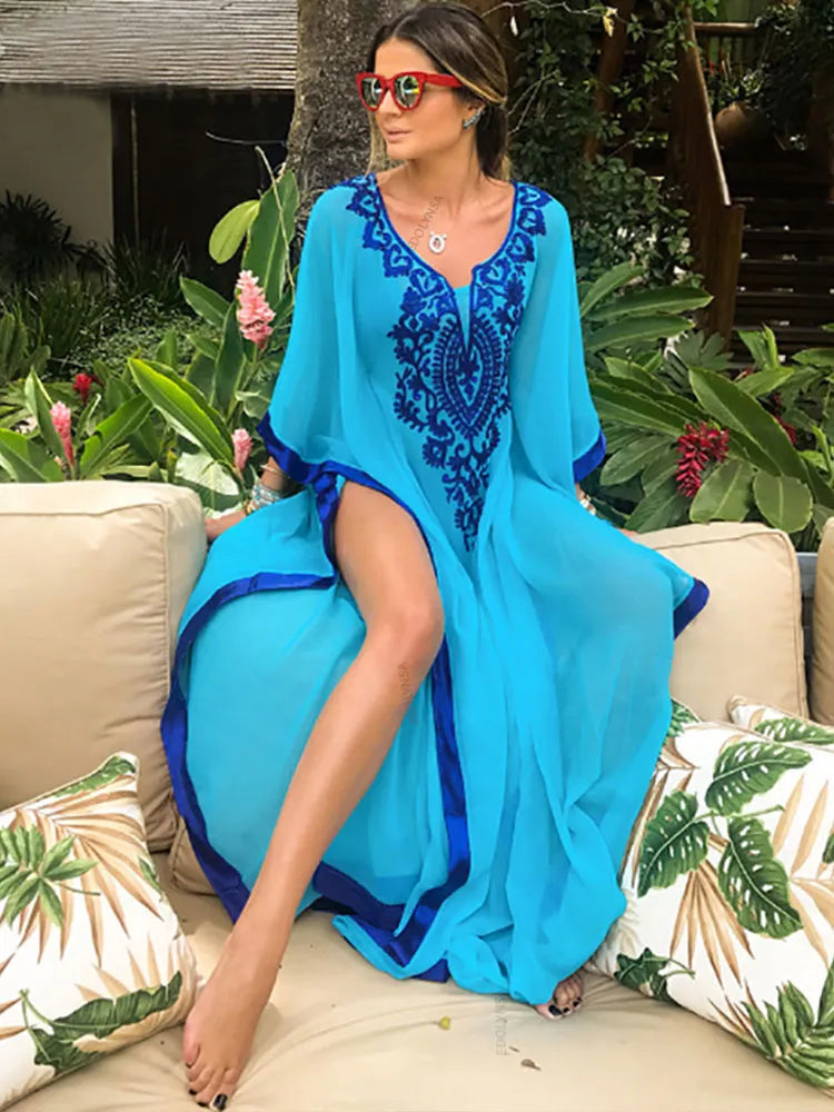 Ethereal Breeze Boho Chic Embroidered Maxi Dress Kaftan [Spirit and Rebel] N746-Blue One Size 