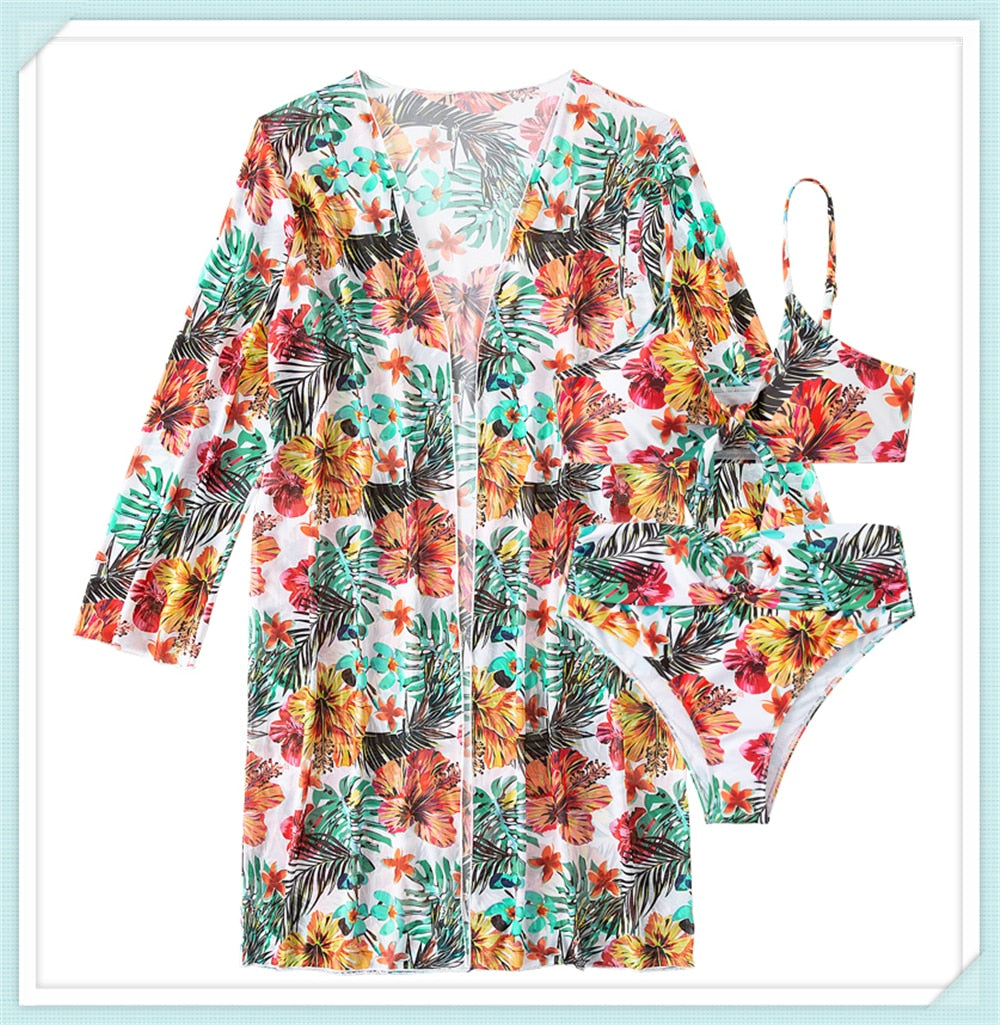 Floral Print Modest Knot Front Bikini including Cover Up Shirt Sunset and Swim