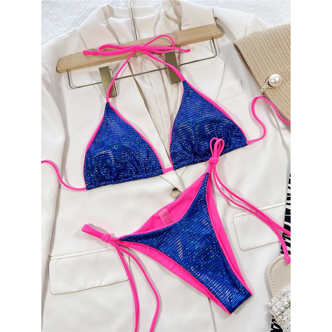 Sexy Shiny Sequins Blue Pink Bikini Sunset and Swim