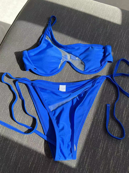 Sexy See Through Paradise One Shoulder Bikini Sunset and Swim Blue S