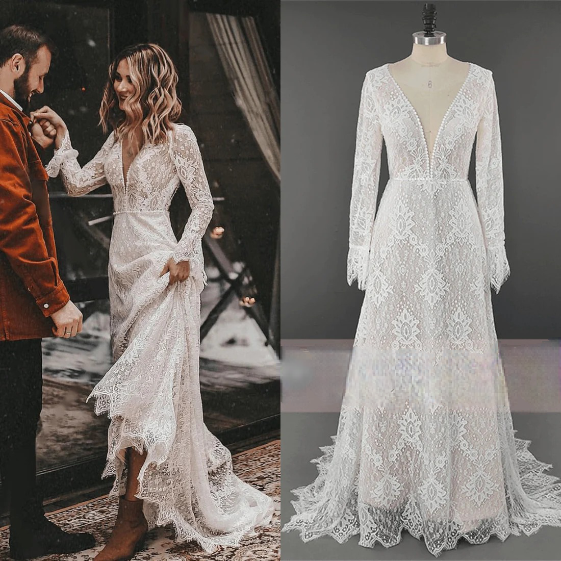 Elegant Boho Floral Lace V Neck Wedding Dress [Spirit and Rebel]   