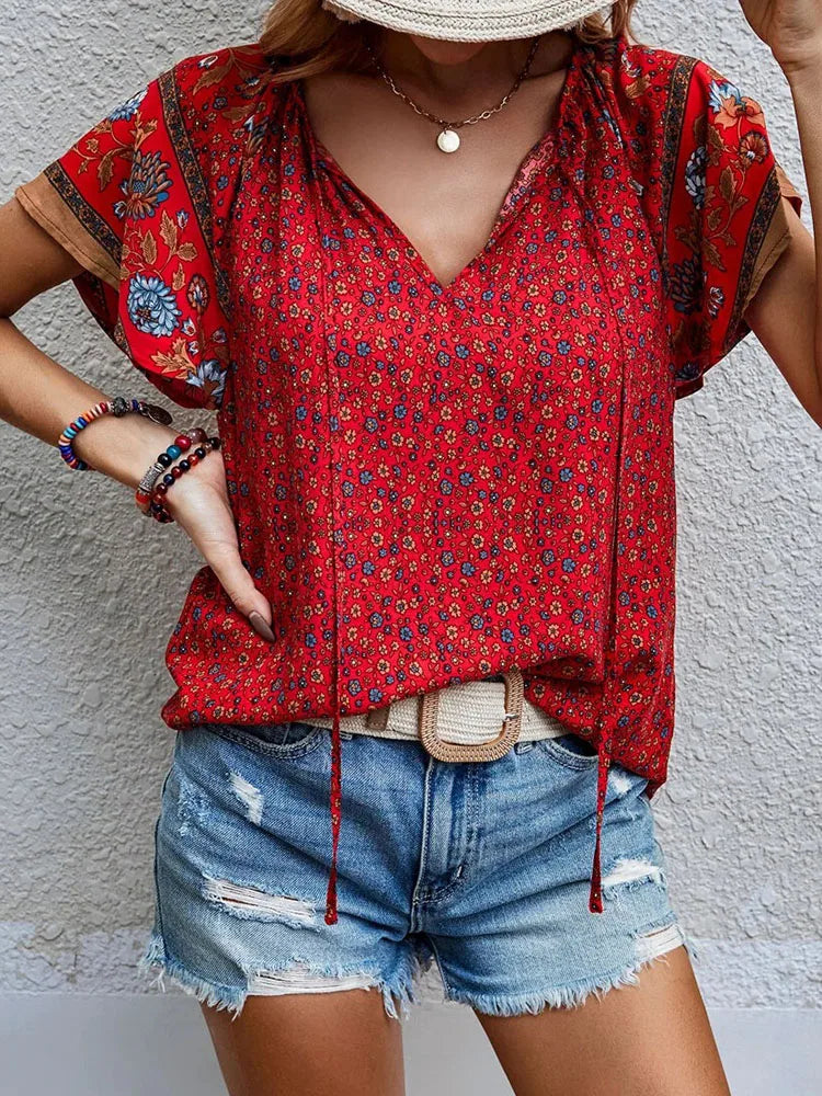 Spirit and Rebel Flowy Floral Boho Blouse [Spirit and Rebel] Red S 