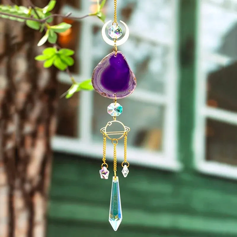 Boho Chic Crystal Sun Catcher – Moon and Geode Window Hanging Decoration [Spirit and Rebel] Purple  