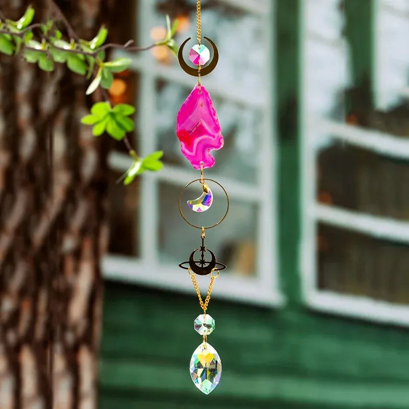 Boho Chic Crystal Sun Catcher – Moon and Geode Window Hanging Decoration [Spirit and Rebel] Rose red  