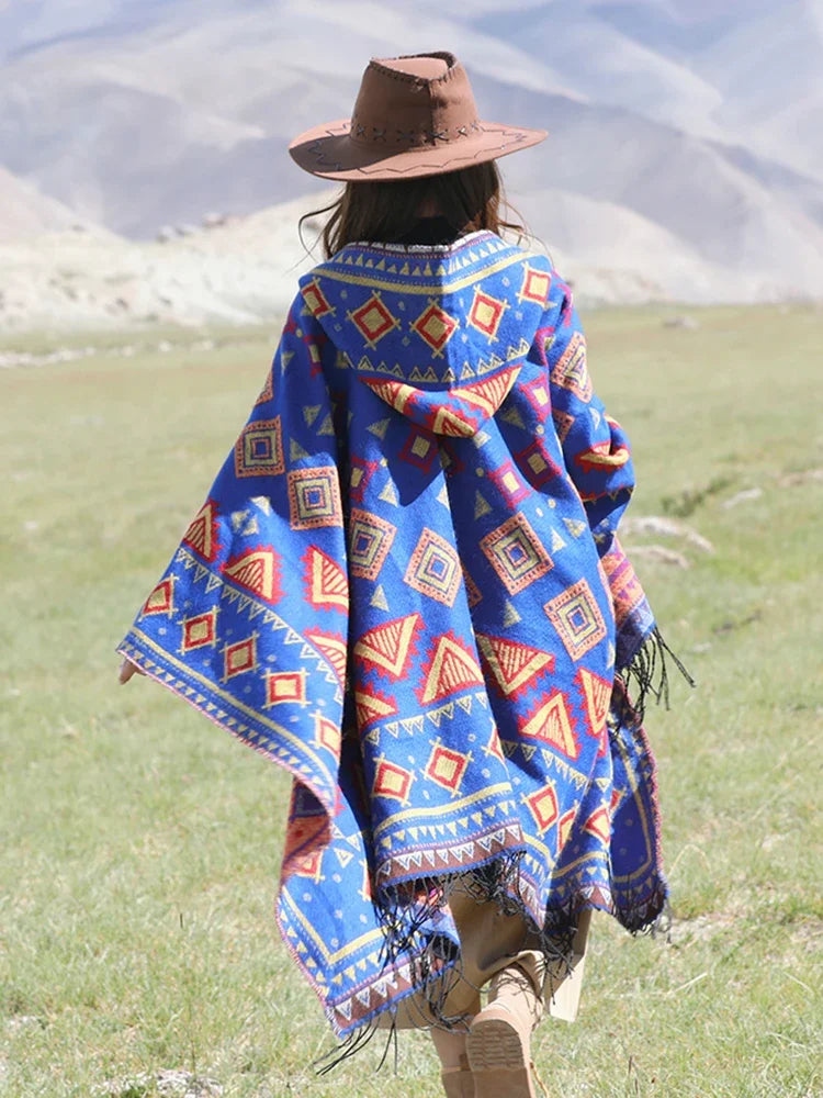 Wild Soul Gypsy Hooded Boho Poncho Cape [Spirit and Rebel] Blue One Size 