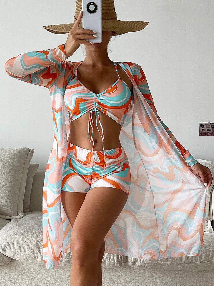 Three Piece Set High Waist Swim Shorts Bikini and Cover Up [Spirit and Rebel]