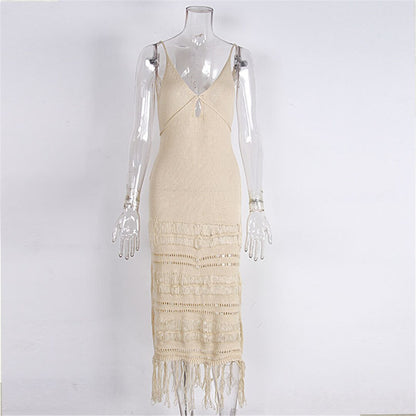 Sunset and Swim Sexy Fringe Tassel Crochet Beach Cover Up Dress Sunset and Swim Beige S