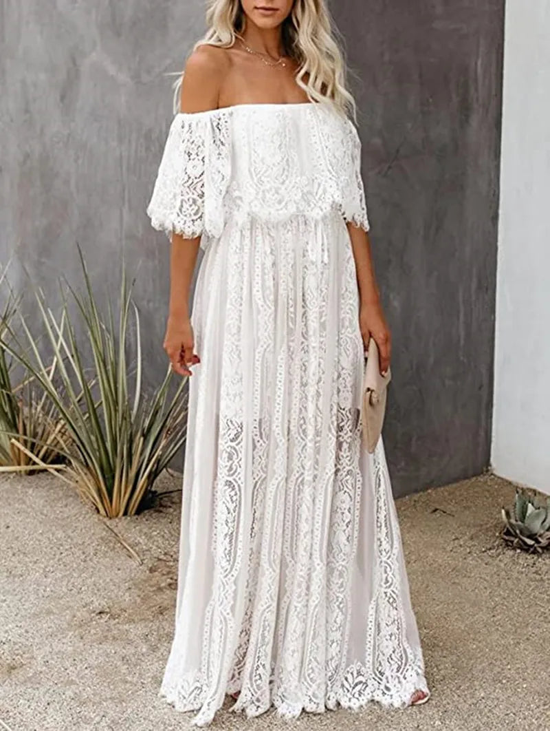 Majestic White Lace Off Shoulder Boho Dress [Spirit and Rebel]   