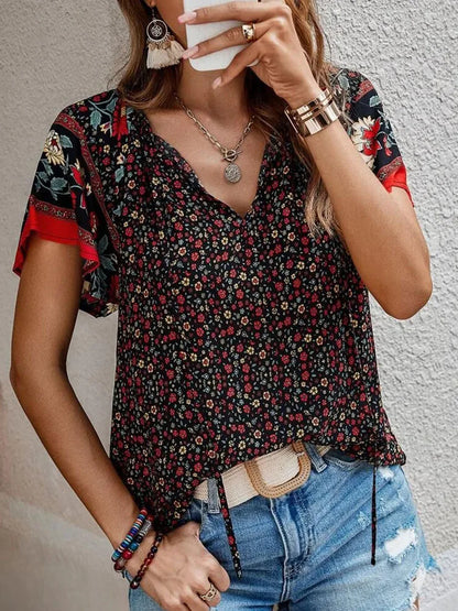 Spirit and Rebel Flowy Floral Boho Blouse [Spirit and Rebel] Coffee S 