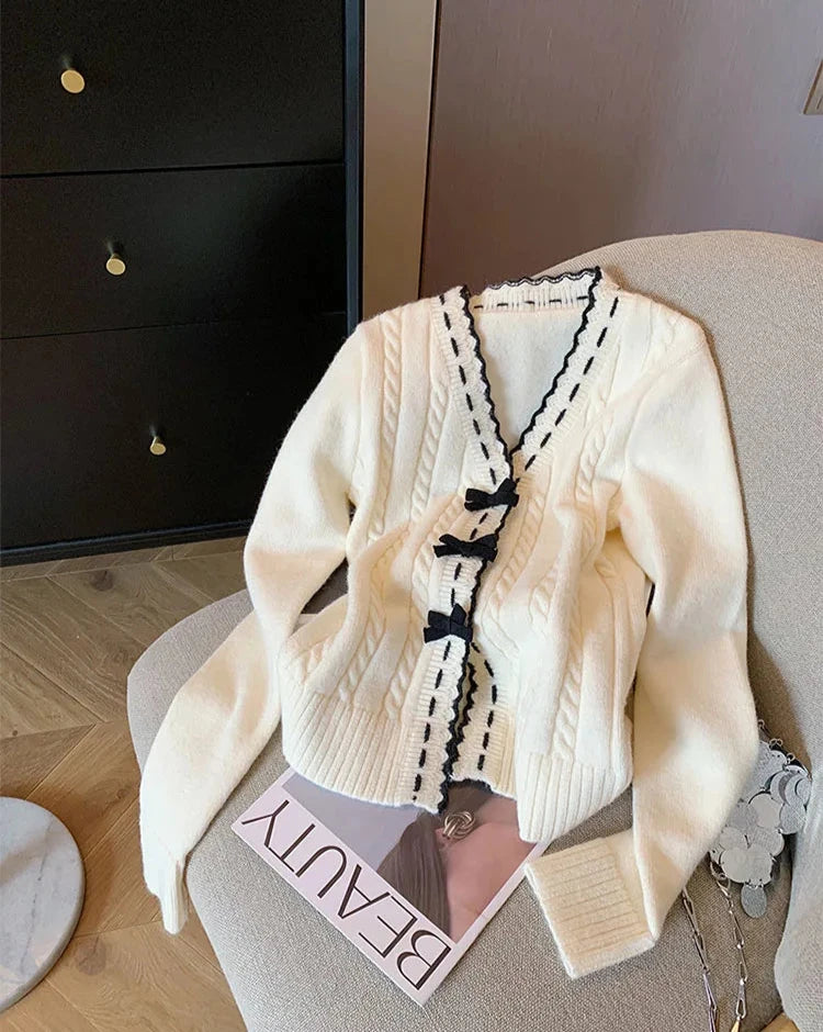 Sweet French Elegant Bow Knitted Cardigan [Spirit and Rebel] White S 