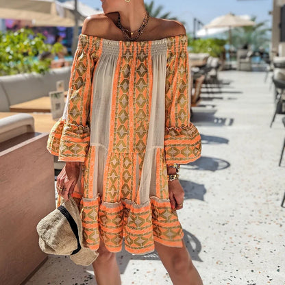 Sunshine Serenade Off Shoulder Flare Sleeve Boho Dress [Spirit and Rebel] Orange S 