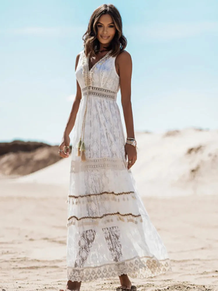 White Lace Fairytale Boho Maxi Dress [Spirit and Rebel] White S 