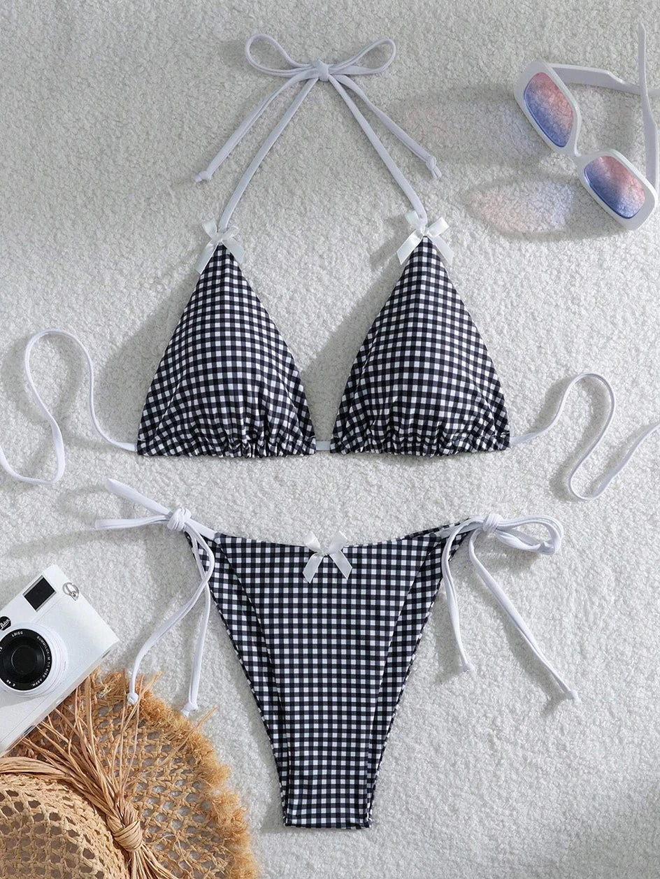 Sunset Charm Plaid Bikini With Bows Sunset and Swim