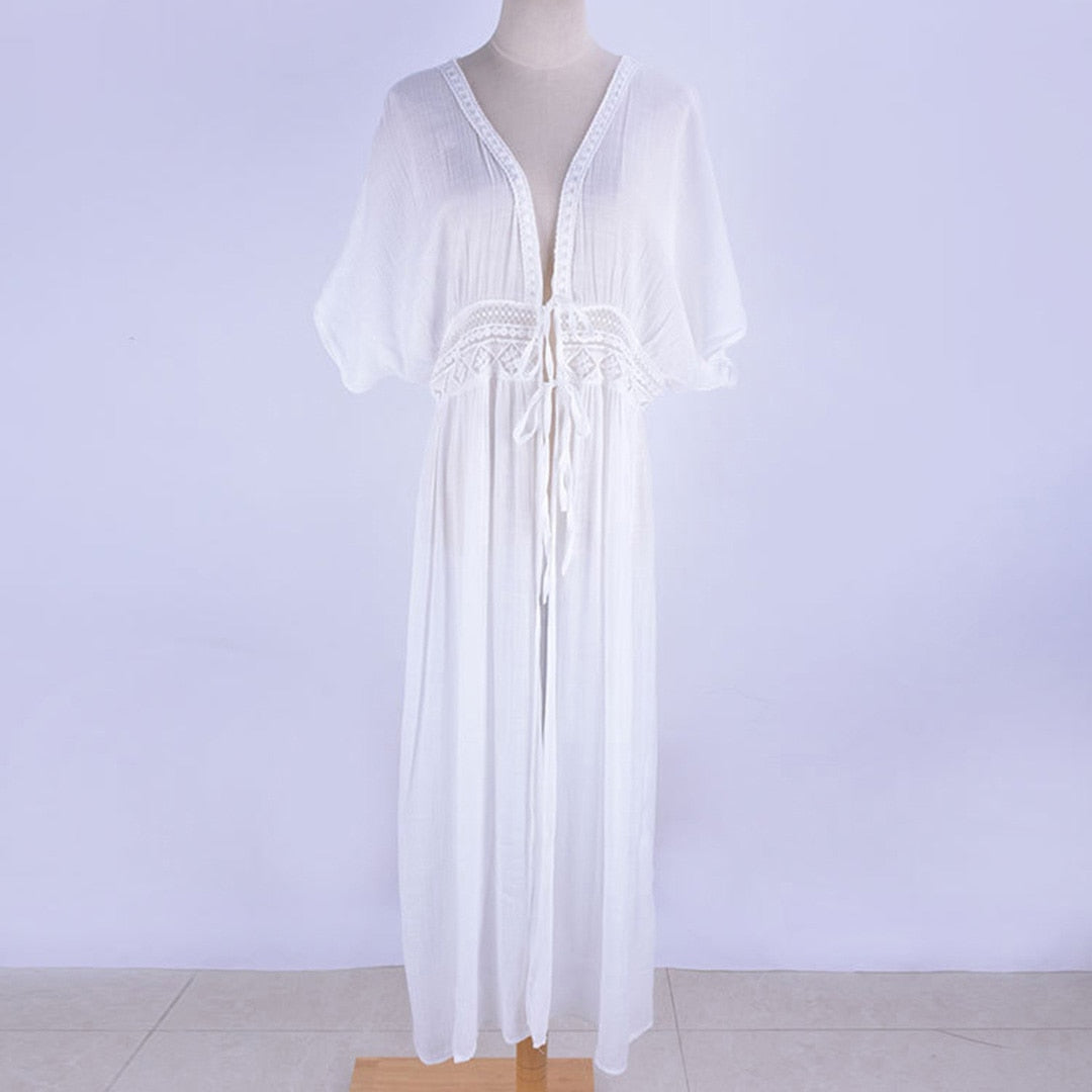 Boho Flow Mesh Sheer Beach Cover Up Sunset and Swim White One Size