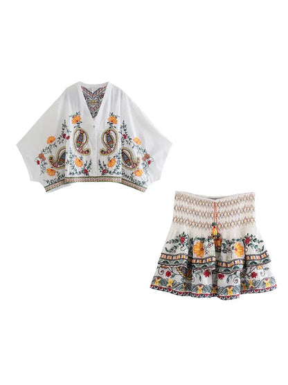 Free Your Mind Embroidered Boho Skirt and Top 2 Piece Set [Spirit and Rebel] Set 1 XS 