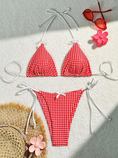 Sunset Charm Plaid Bikini With Bows Sunset and Swim