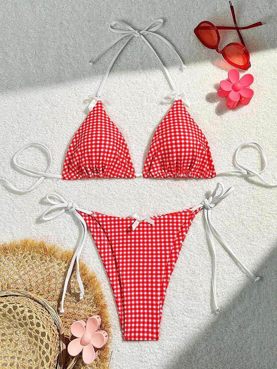 Sunset Charm Plaid Bikini With Bows Sunset and Swim Red S