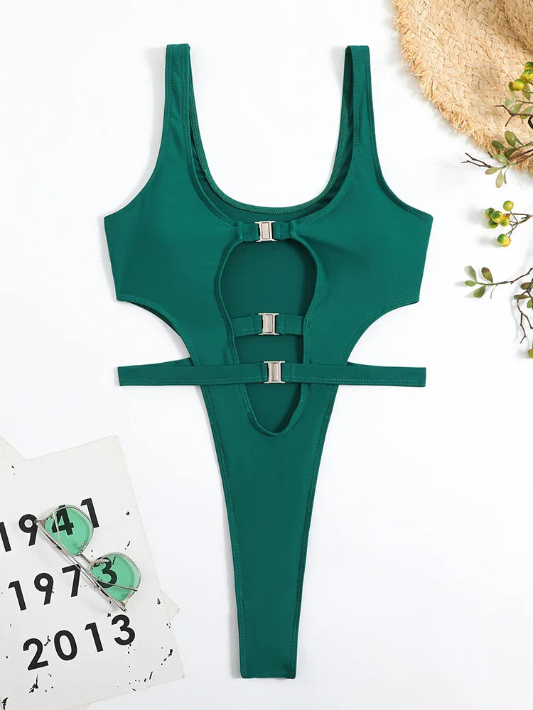 Fiji Extreme Thong High Cut Cut Out Swimsuit Sunset and Swim Green S