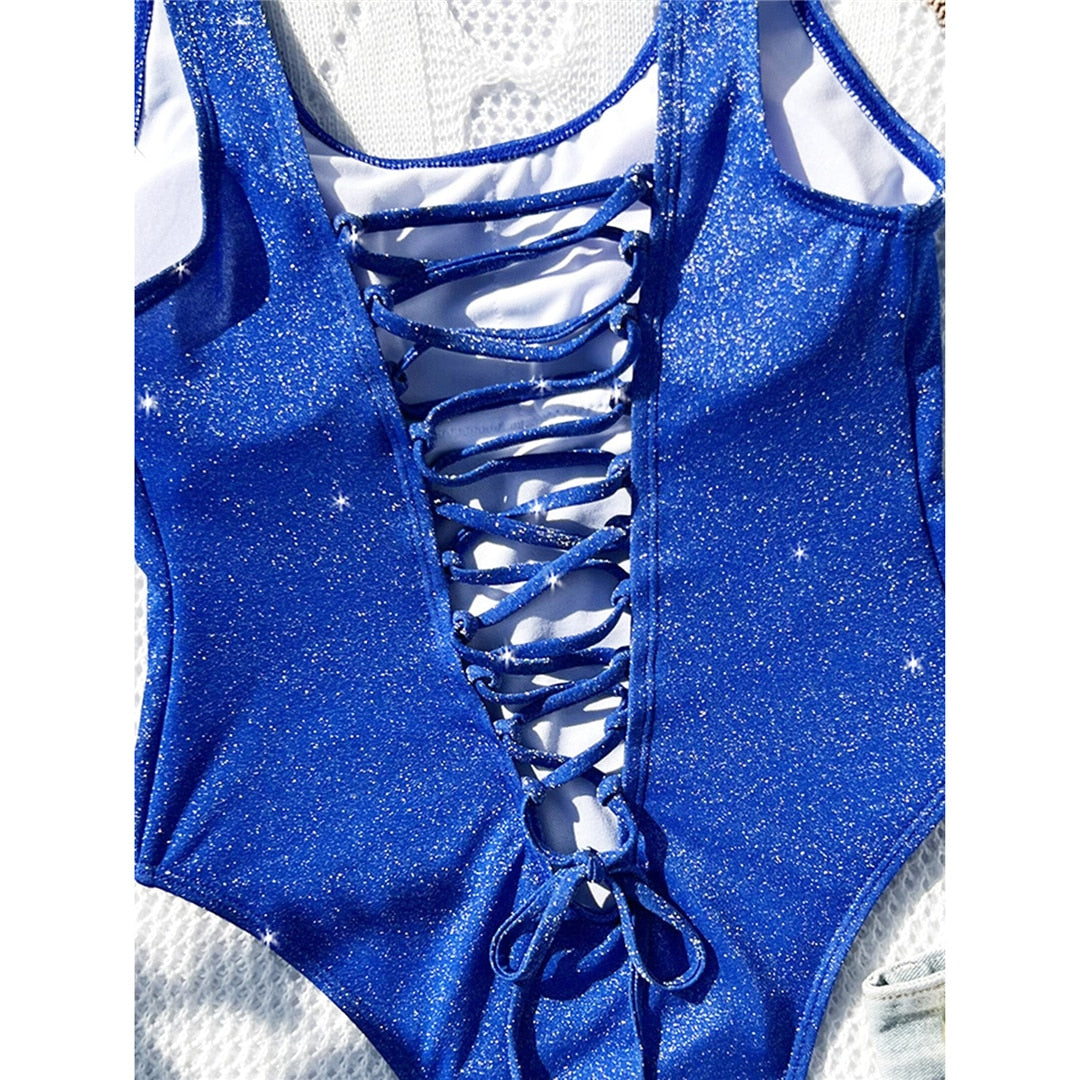 Blue Sexy Glitter Sparkling Lace Up One Piece Swimsuit Sunset and Swim