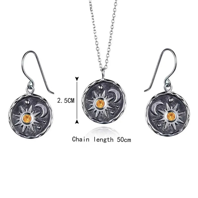 Vintage Boho Sun Moon Pendant Earrings Necklace Set [Spirit and Rebel]   