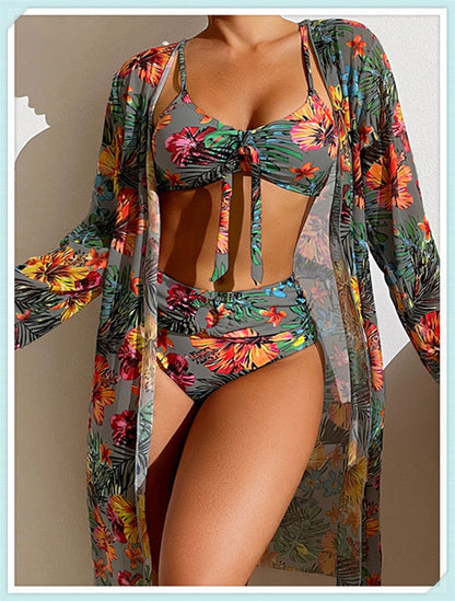 Floral Print Modest Knot Front Bikini including Cover Up Shirt [Spirit and Rebel]