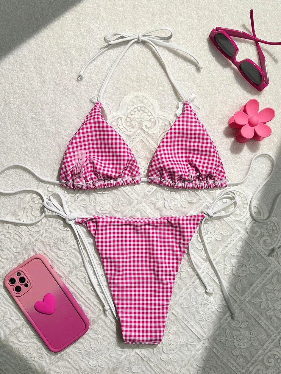 Sunset Charm Plaid Bikini With Bows Sunset and Swim