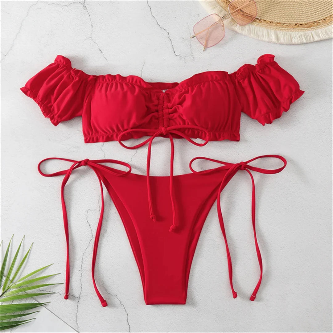 Red Waves Off Shoulder Bikini Sunset and Swim