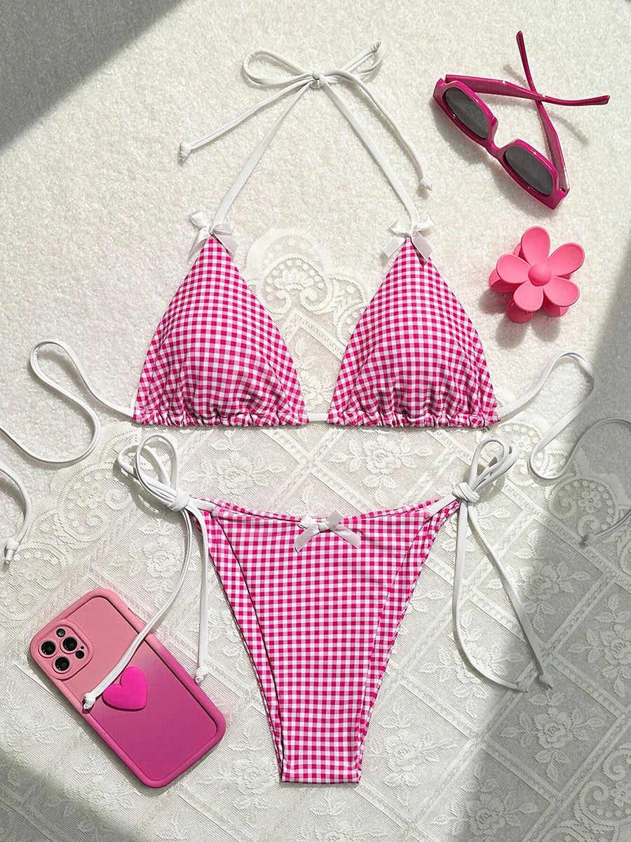 Sunset Charm Plaid Bikini With Bows