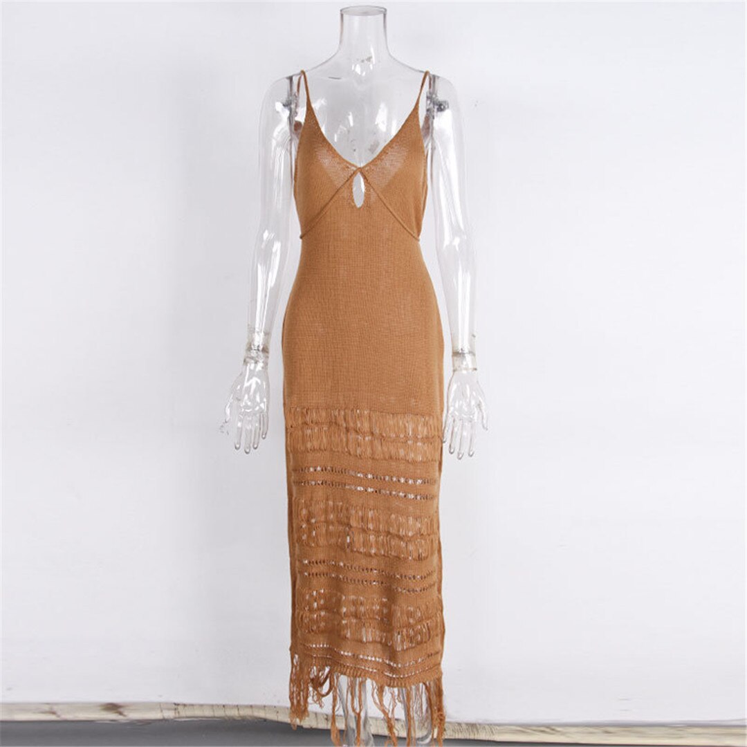 Sunset and Swim Sexy Fringe Tassel Crochet Beach Cover Up Dress Sunset and Swim Dark Khaki S