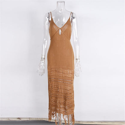 Sunset and Swim Sexy Fringe Tassel Crochet Beach Cover Up Dress Sunset and Swim Dark Khaki S