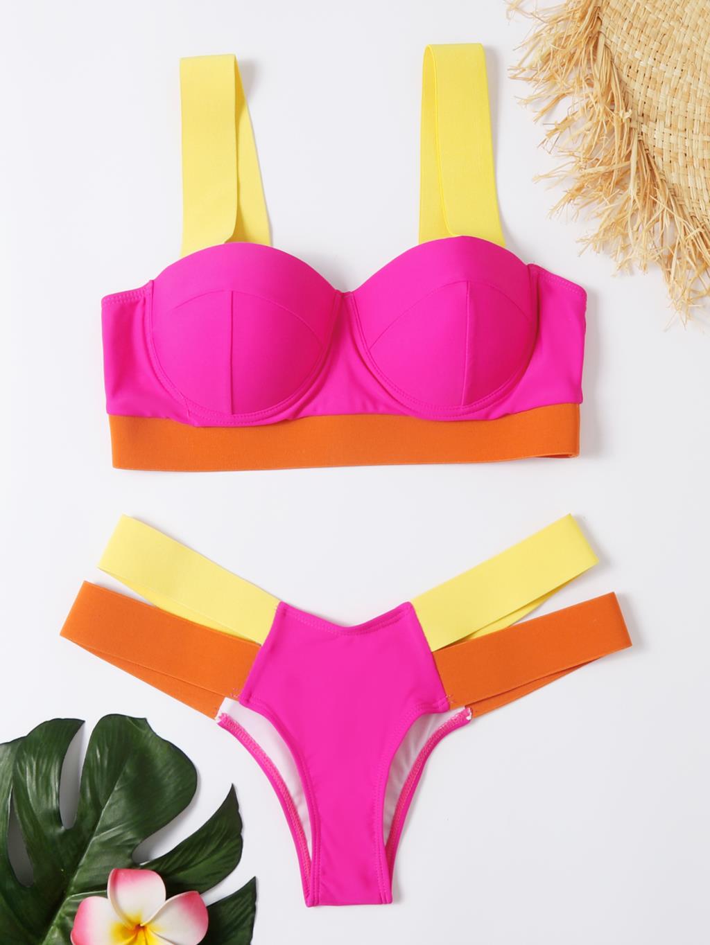 Waves Queen Bandage Brazilian Push Up Bikini Sunset and Swim Pink/Yellow S