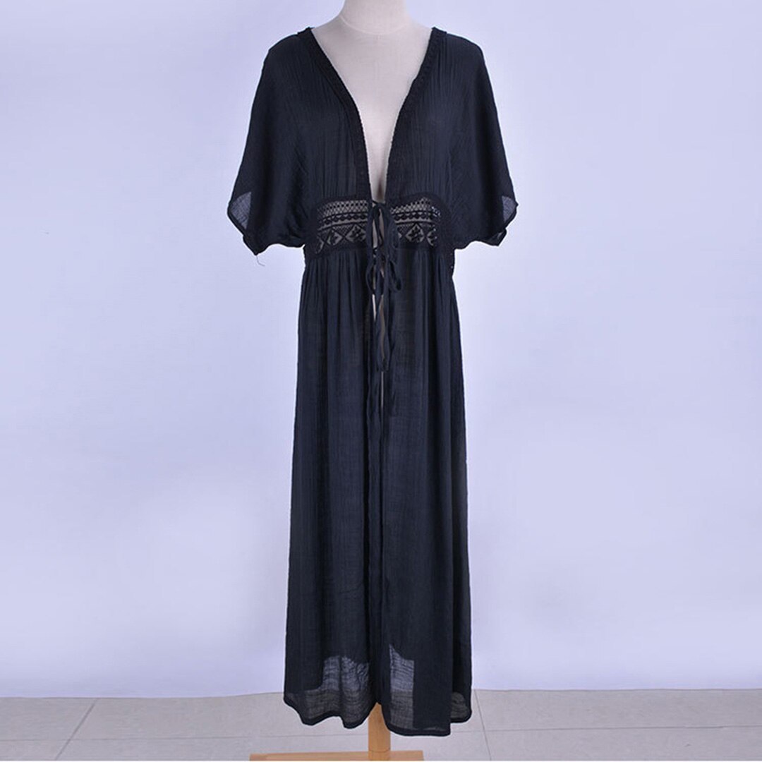 Valerie Front Tie Beach Cover Up Tunic Kimono Sunset and Swim Black One Size