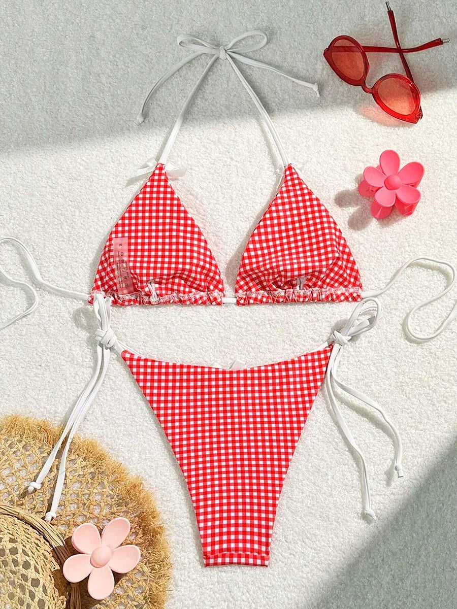 Sunset Charm Plaid Bikini With Bows Sunset and Swim