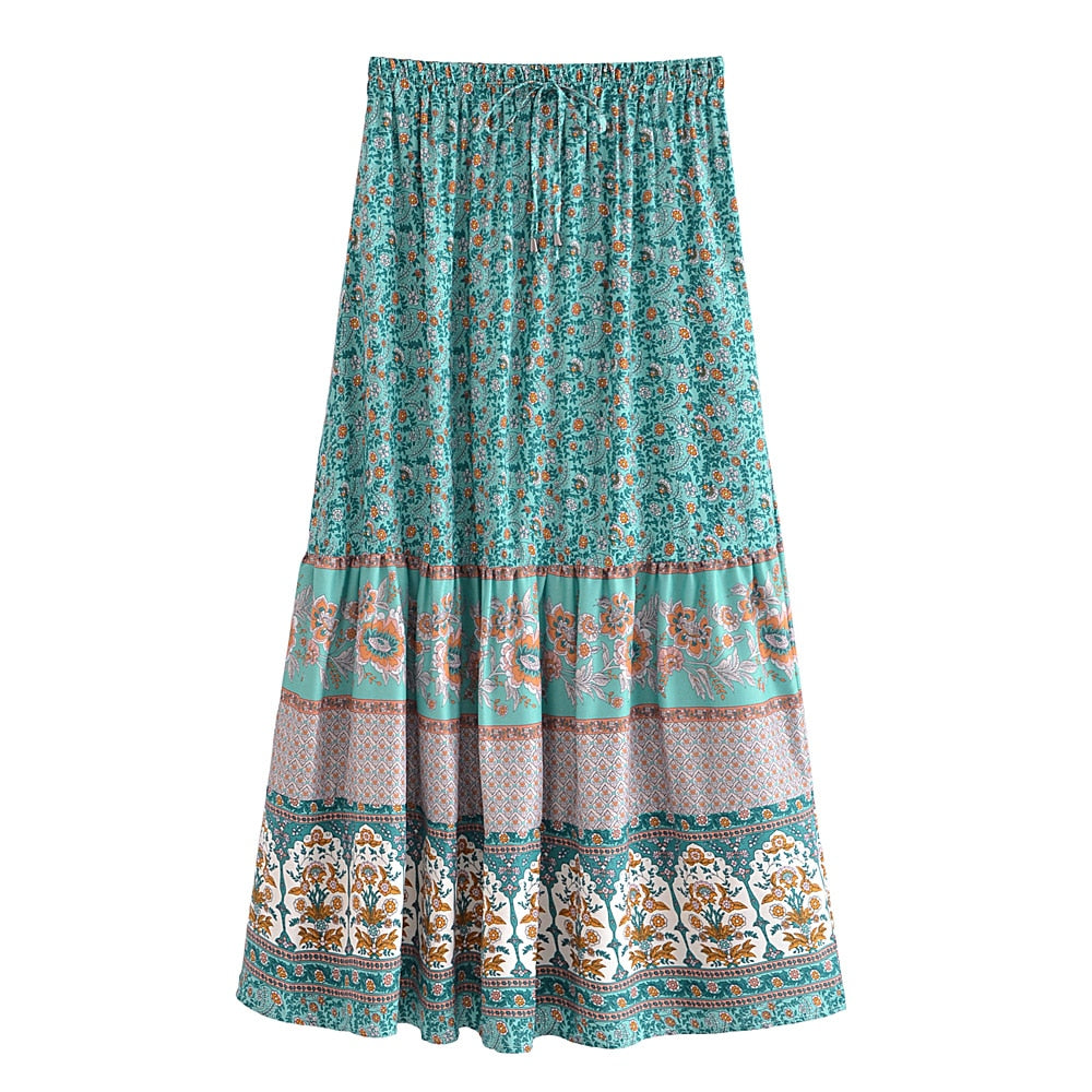 Happy Boho Elastic Waist A-Line Skirt [Spirit and Rebel] Green S 