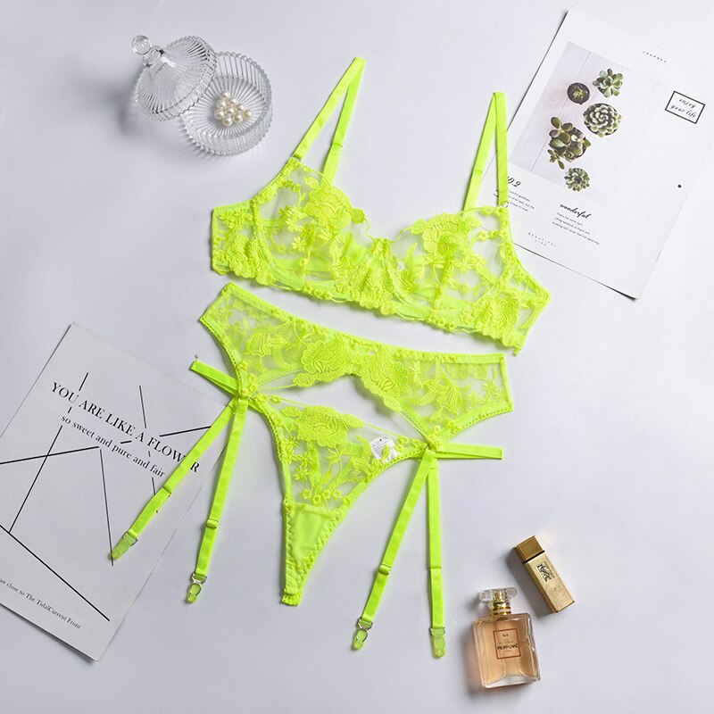 Hot Nights Bra and Panty Underwear Lace Set Sunset and Swim Neon Green S