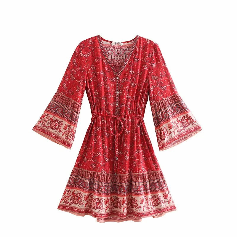 Endless Summer Nights Floral Boho Mini Dress [Spirit and Rebel] Red S 