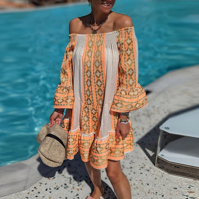 Sunshine Serenade Off Shoulder Flare Sleeve Boho Dress [Spirit and Rebel]   