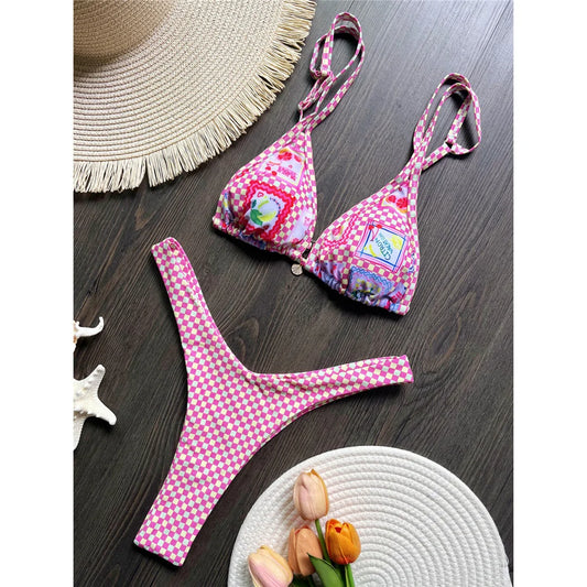 Pink Paradise Plaid Thong Bikini Sunset and Swim